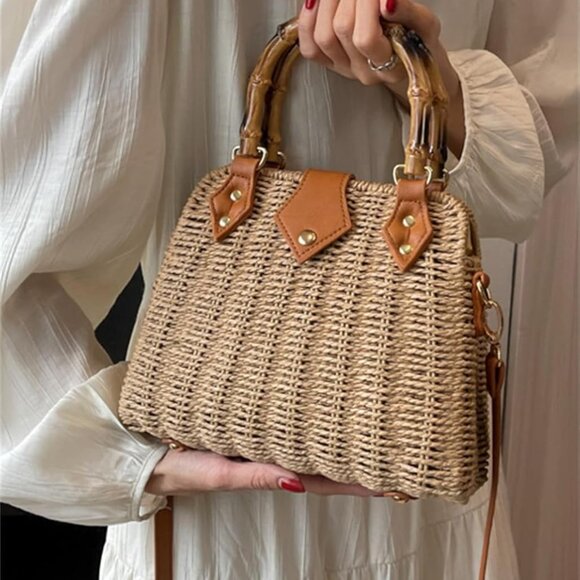 Summer Straw Bags for Women Straw Tote Bag Hand Woven Rattan Purse Beach Bag Hob - Picture 2 of 6